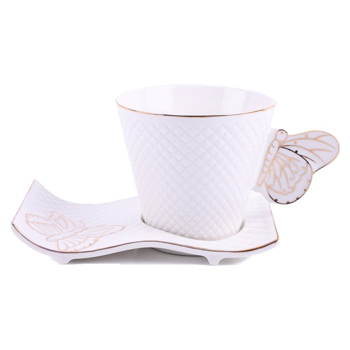 Set de cesti pentru cafea sau ceai, 6 cesti de 220 ml cu 6 farfurioare, Fluture