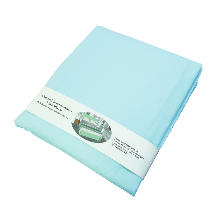 Cearceaf de pat cu elastic, 160 x 200 cm,100% bumbac satinat, Bleu