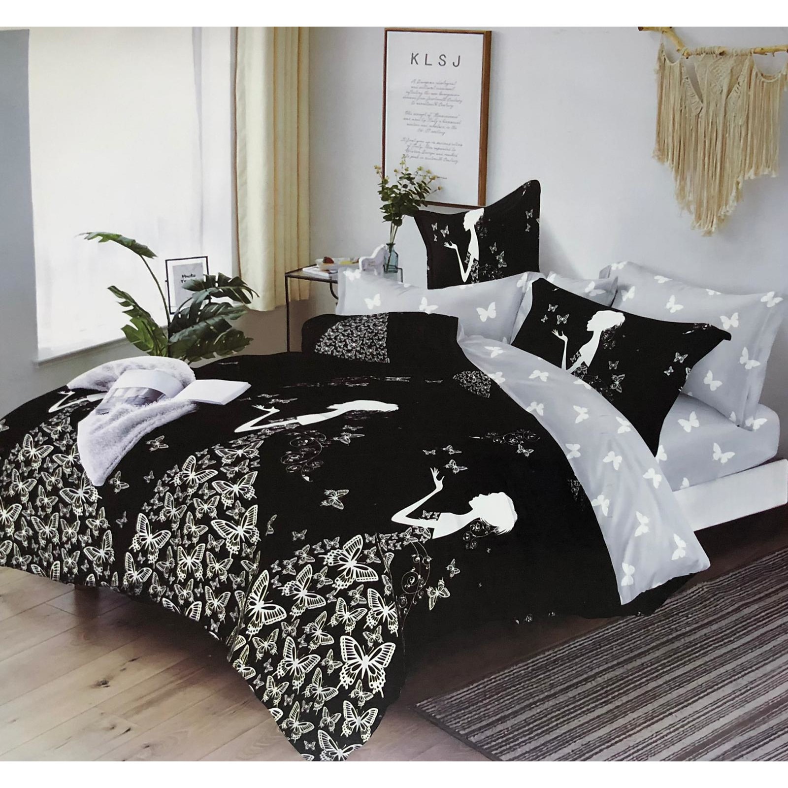 Lenjerie de pat 2 persoane, 6 piese, cearsaf pat cu elastic, Finet Super Elegant, negru cu gri, LikeStore