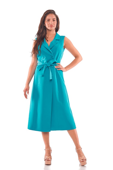 Рокля Silvy Rowson, До средата на пръцеса, Двуреда, Без ръкави, Двоен ревер, Tюркоаз, XL