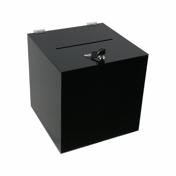 Urna cub JJ DISPLAYS cu latura de 300mm, din plexiglas negru, cutie pentru donatii, tombola, concursuri