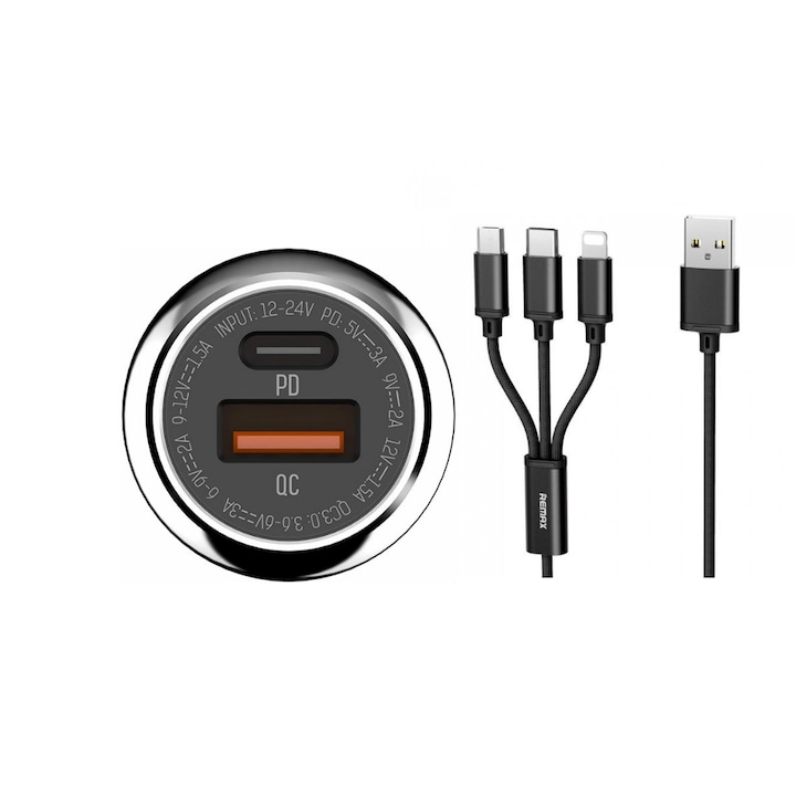 Ldnio 3A USB Autós okostelefon töltő készlet, 3 az 1-ben gyorstöltő kábel, PD iPhone, USB-C / Micro USB / Lightning, 2,8 A