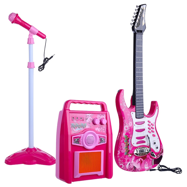 ISP RockStar Komplett gitár szett, Gyerekeknek, Elektromos gitár, Valósághű fényekkel és hangokkal, Mikrofon, Erősítő fényekkel, Fehér / Rózsaszín
