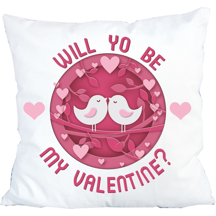 Perna personalizata, cu pasarele, Will yo be my valentine?, 42 cm x 42 cm