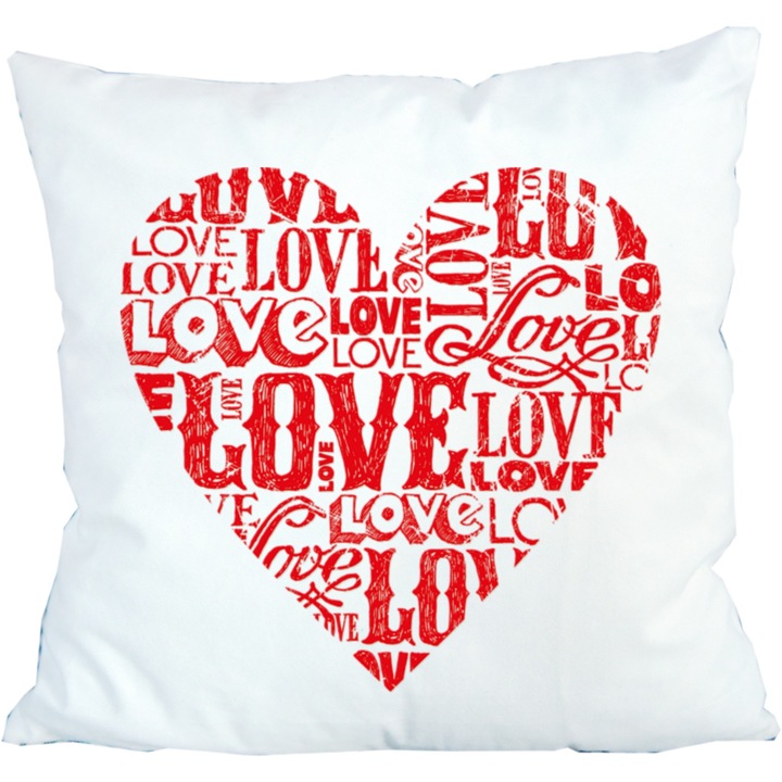 Perna personalizata, cu inima rosie, inscriptionata, Love, 42x42 cm