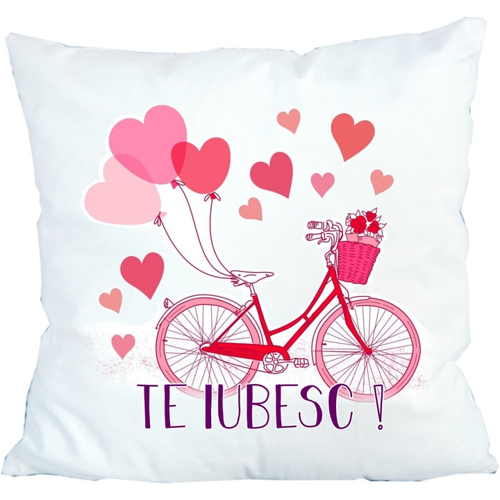 Perna personalizata, bicicleta roz cu inimioare, inscriptionata, Te iubesc, 42 cm x 42 cm