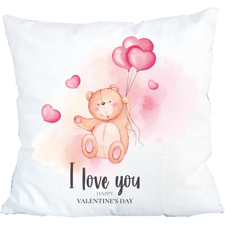 Perna personalizata, inscriptionata, ursulet cu baloane, 42 cm x 42 cm