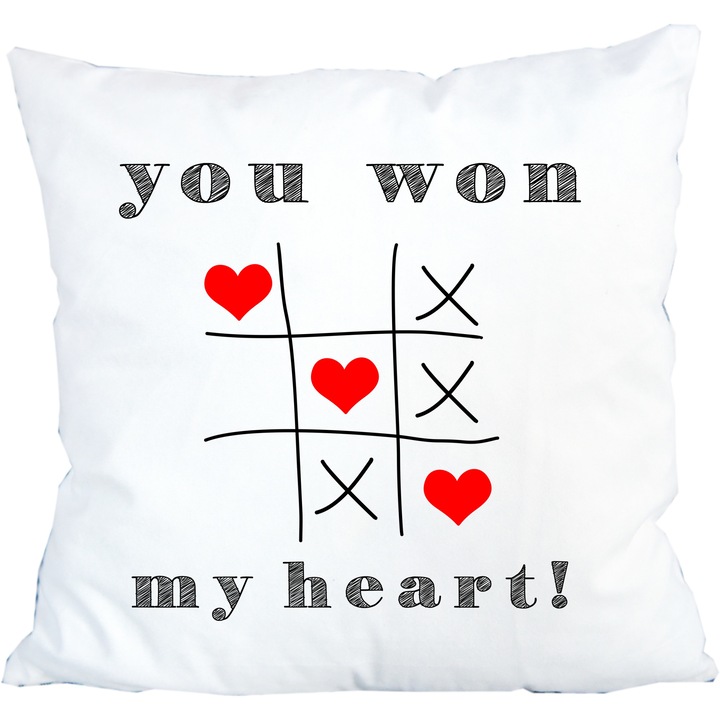 Perna personalizata, cu inscriptie, you won my heart, model cu x-uri si inimioare, 42 cm x 42 cm