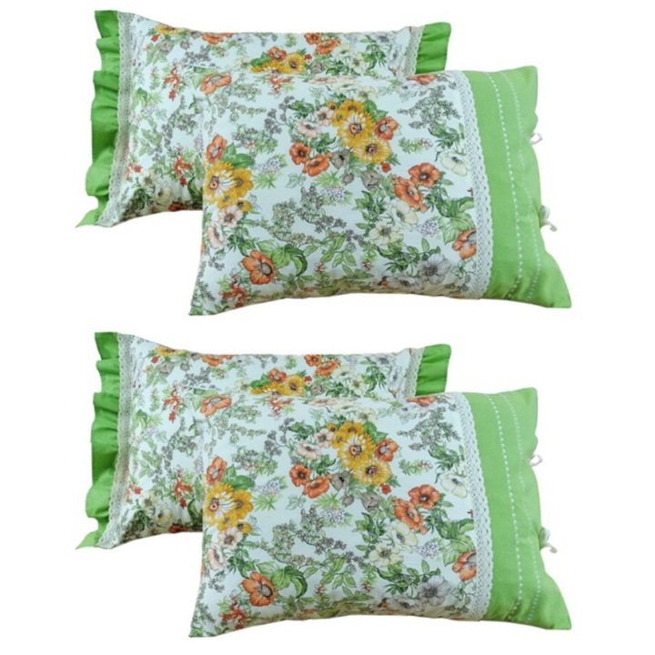 Set 4 x Husa de perna Casa Bucuriei, volane, broderie si dantela bumbac, verde/multicolor, bumbac ranforce 100%, 50 x 70