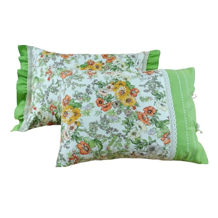 Комплект от 2 калъфки за възглавници Casa Bucuriei, волани, памучна бродерия и дантела, зелено/многоцветно, 100% памук ранфорс, 50 x 70
