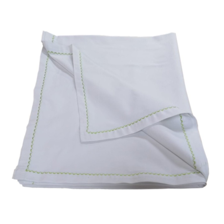 Чаршаф с ластик за матрак 180 х 200 см, Casa Bucuriei, бяло/сурово зелено, 100% естествен памук, бордюр с декоративна бродерия