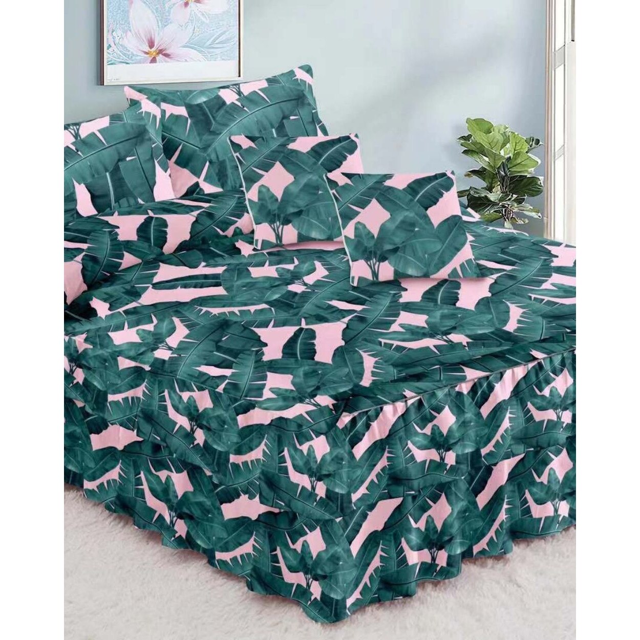 Set Lenjerie Finet Satinat cu Volanase, 6 Piese, Pat 2 Persoane, FNVC-56