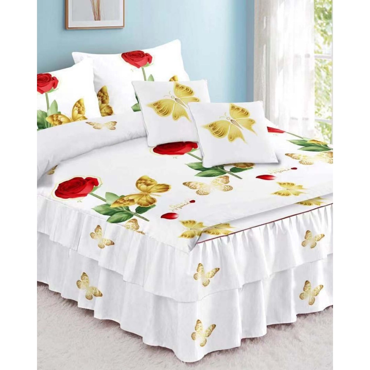 Set Lenjerie Finet Satinat cu Volanase, 6 Piese, Pat 2 Persoane, FNVC-58