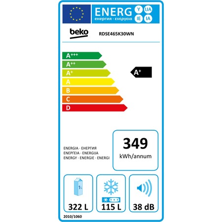 Frigider cu doua usi Beko RDSE465K30WN, 437 l, Clasa A+, H 185 cm, Alb