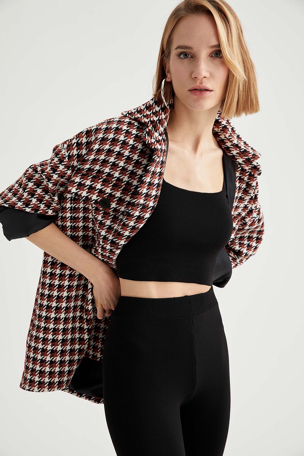 DeFacto, Palton cu model houndstooth supradimensionat, Maro coniac/Alb/Negru