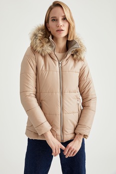 DeFacto, Geaca cu garnitura de blana sintetica, Bej DeFacto, Geaca cu garnitura de blana sintetica, Bej