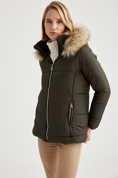 DeFacto, Geaca cu garnitura de blana sintetica, Verde militar/Bej DeFacto, Geaca cu garnitura de blana sintetica, Verde militar/Bej