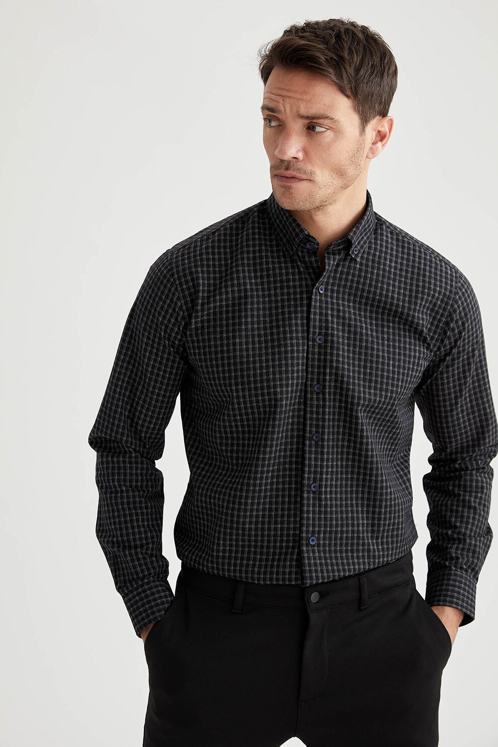 DeFacto, Camasa regular fit cu model in carouri, bleumarin inchis, alb, XS