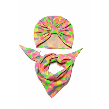 Turban si esarfa pentru copii, roz somon cu buline neon, pentru 4-6 ani Turban si esarfa pentru copii, roz somon cu buline neon, pentru 4-6 ani