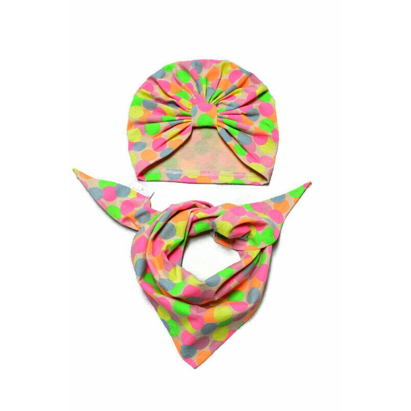 Turban si esarfa pentru copii, roz somon cu buline neon, pentru 3 ani+