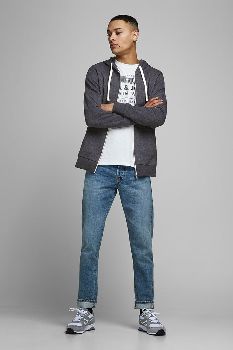 Jack&Jones, Hanorac din bumbac cu fermoar, Gri inchis melange