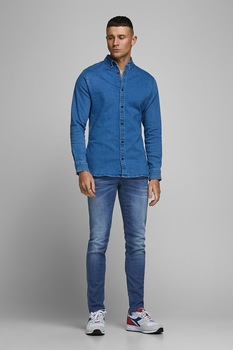 Jack&Jones, Blugi slim fit din amestec de bumbac organic, albastru inchis/alb, W33-L32 Jack&Jones, Blugi slim fit din amestec de bumbac organic, albastru inchis/alb, W33-L32