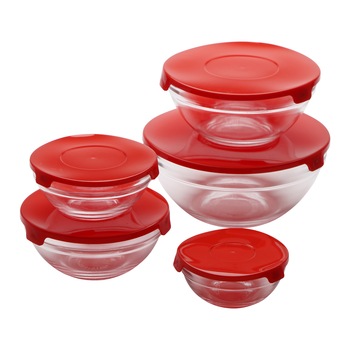 Set 5 caserole de sticla cu capac Renberg Twister, rosu Set 5 caserole de sticla cu capac Renberg Twister, rosu