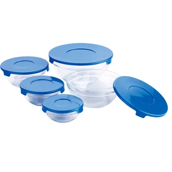 Set 5 caserole cu capac Renberg, sticla, Albastru Set 5 caserole cu capac Renberg, sticla, Albastru