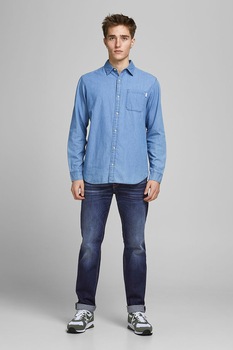 Jack&Jones, Blugi cu croiala dreapta si aspect decolorat, Bleumarin/Alb prafuit Jack&Jones, Blugi cu croiala dreapta si aspect decolorat, Bleumarin/Alb prafuit