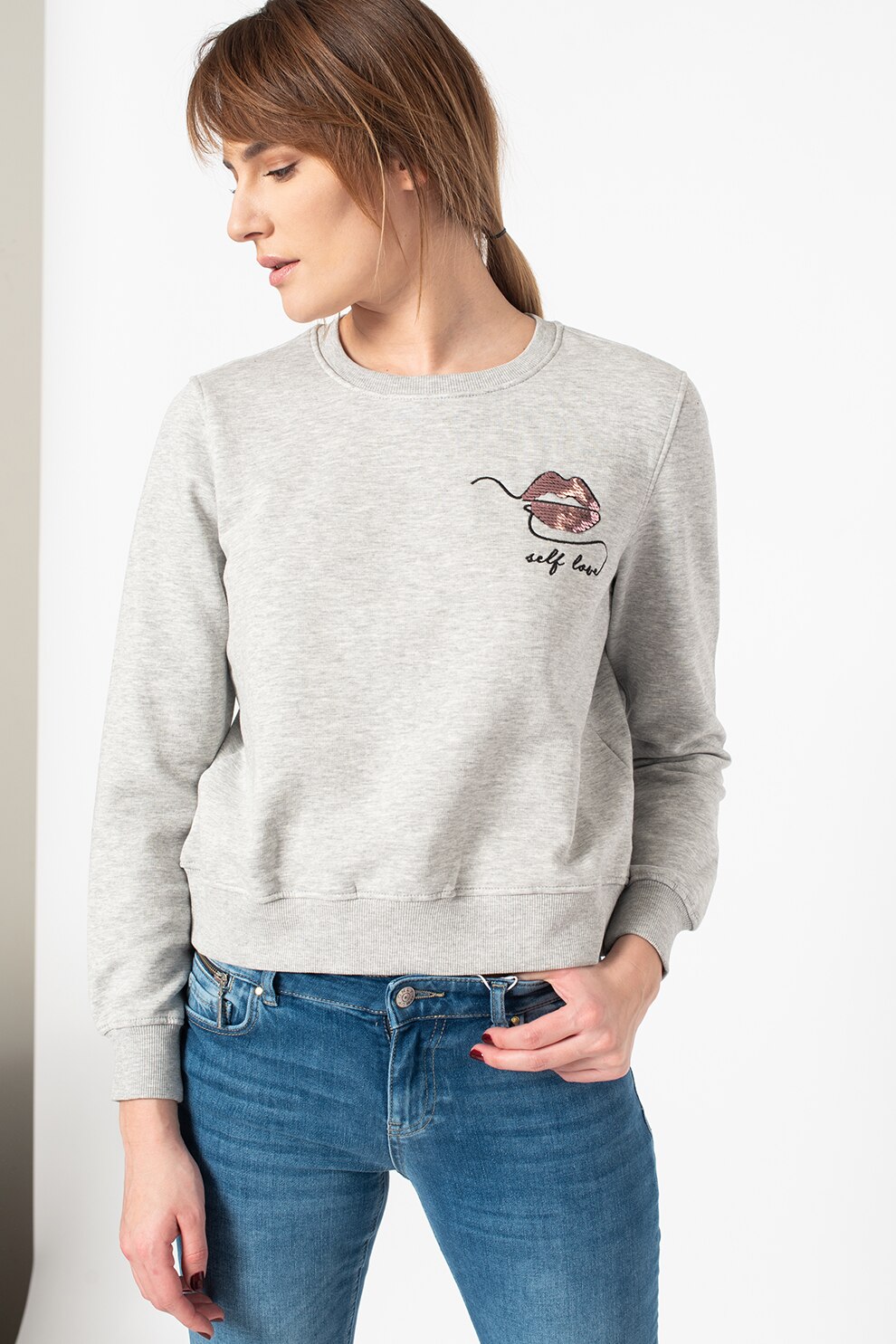 Only, Bluza sport din amestec de bumbac organic cu paiete Zita, Gri deschis melange, L
