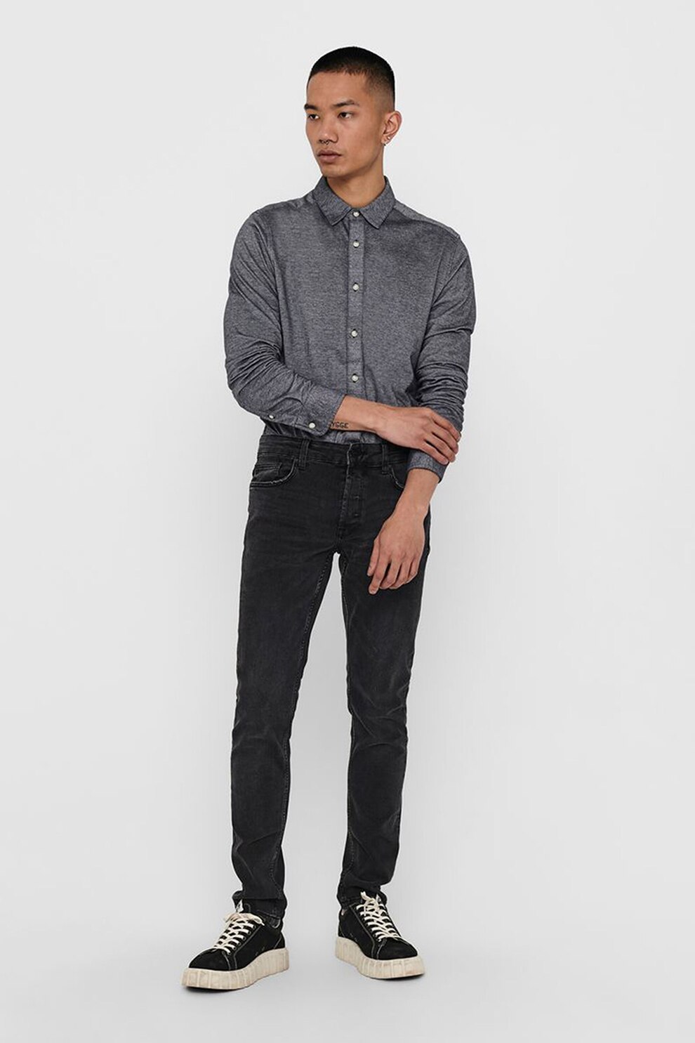 Only & Sons, Camasa din bumbac organic Cuton, Gri antracit/Alb prafuit, S