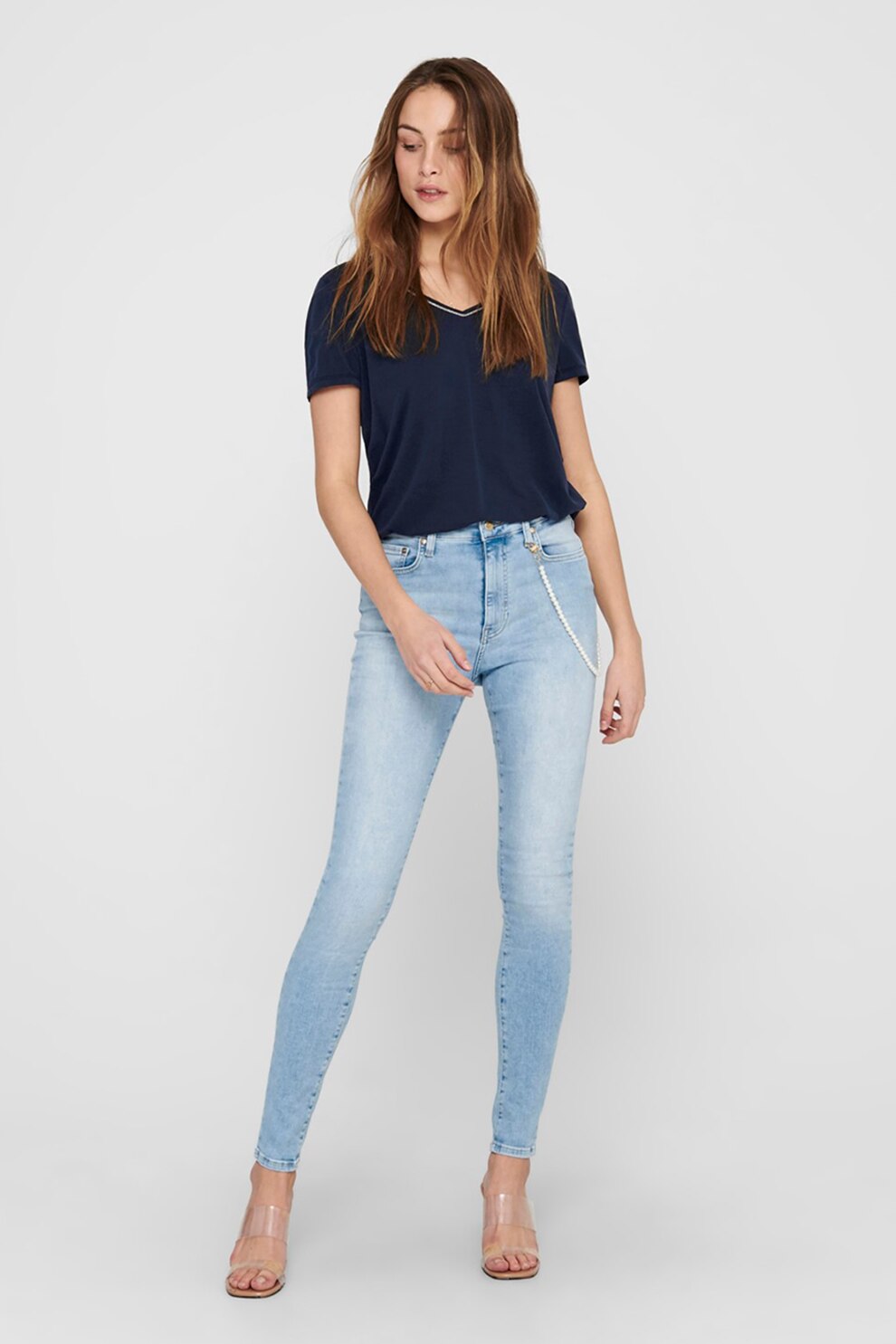 Only, Tricou din amestec de modal cu decolteu in V, Bleumarin, S