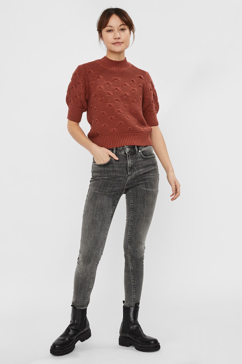 Vero Moda, Pulover din amestec de bumbac organic cu maneci scurte, Oranj persan