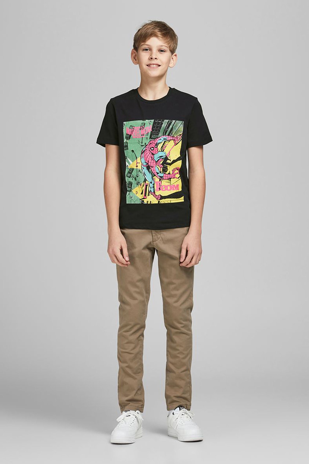 Jack&Jones, Tricou cu decolteu la baza gatului si imprimeu cu Supereroi, Negru/Galben pai/Verde marin