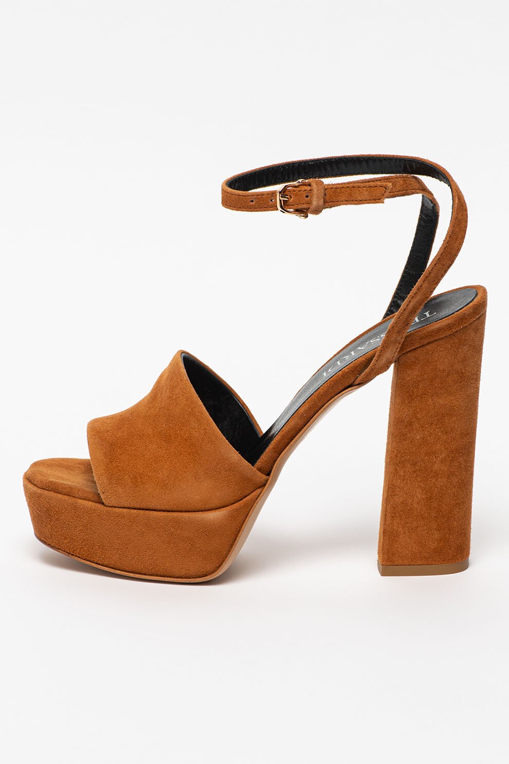 Trussardi, Sandale de piele intoarsa cu bareta de glezna si toc masiv