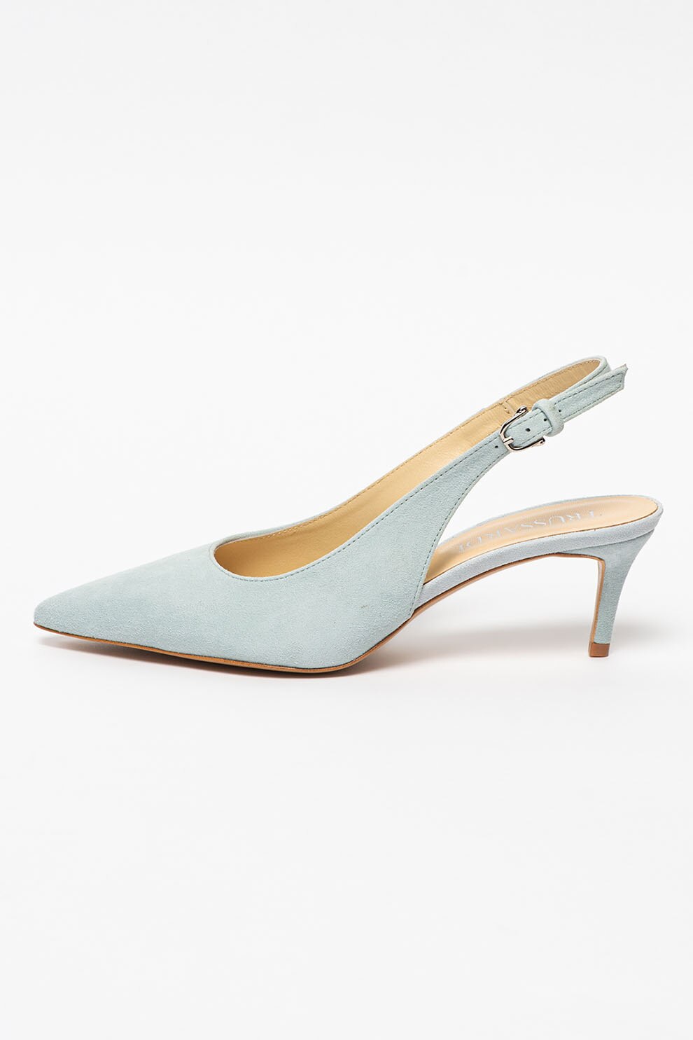 Trussardi, Pantofi slingback de piele intoarsa cu varf ascutit, Albastru pastel, 39