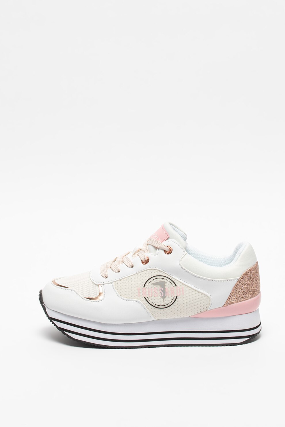 Trussardi, Pantofi sport de piele ecologica si material textil, cu platforma, Alb/Roz, 37