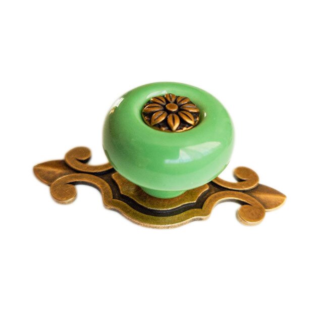 Buton maner mobila ceramic cu placuta ornament, verde 32 mm