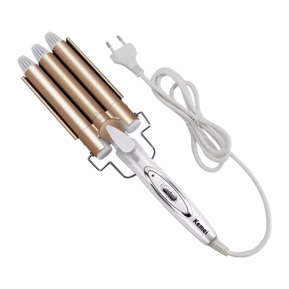 Ondulator profesional cu 3 elementi PTC Kemei KM-1010, Temperatura reglabila, 45W, 110-220V, 50/60Hz, 33.5 x 8.2 cm, Auriu/Alb