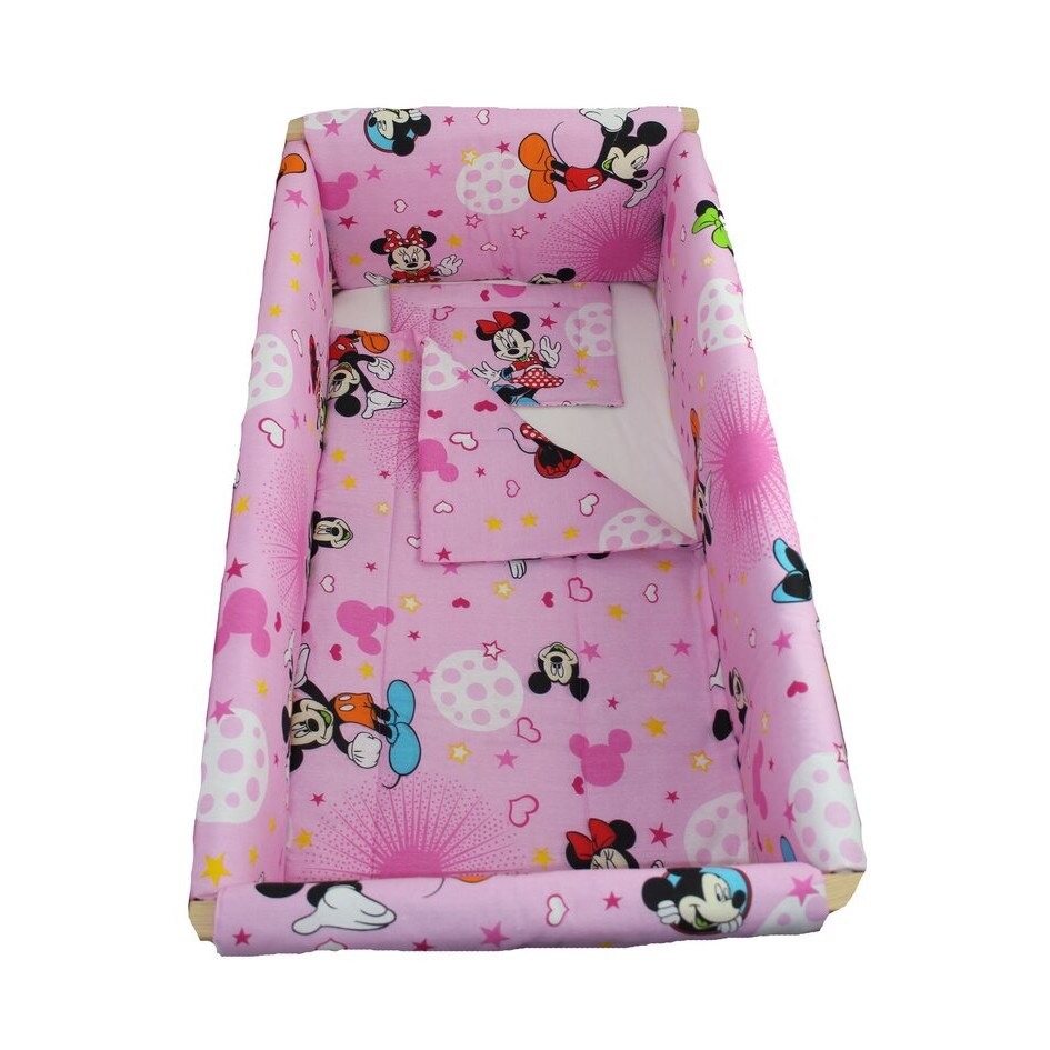 Lenjerie 7 piese, Maxi, Minnie si Mickey, roz cu stelute, 120x60cm