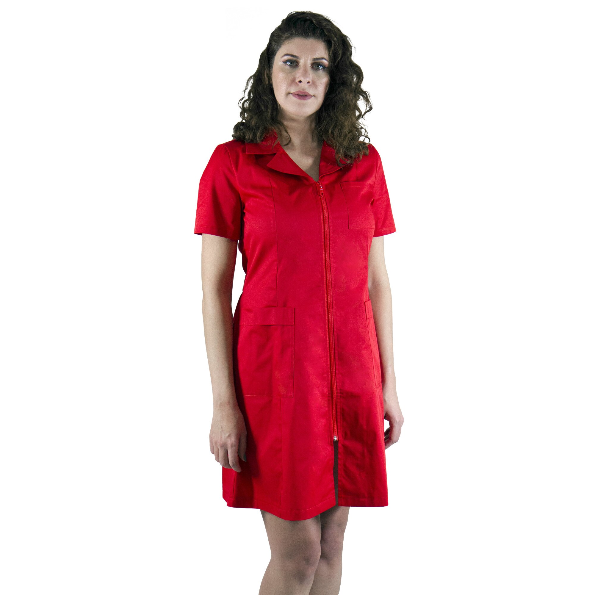 Halat Dama, PRIMA, Modern, maneca scurta, guler, rever, 3 buzunare, fermoar lung, cordon in talie, 65% Poliester, 35% Bumbac, ROSU, marimea 2XL