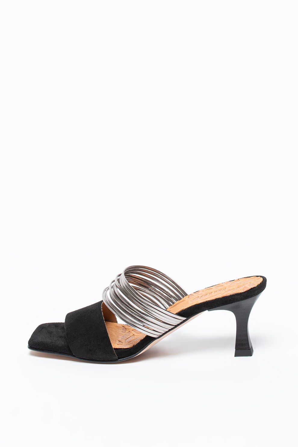 MTNG, Papuci cu toc si garnituri de piele intoarsa, Negru/Argintiu inchis, 36