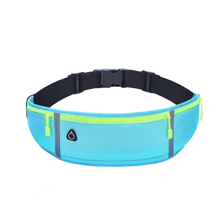 BIBILEL BBL2002 övtáska futáshoz 3 rekesszel mobiltelefonnak és kiegészítőknek, állítható rugalmas derékpánt, vízálló anyag, kék / zöld