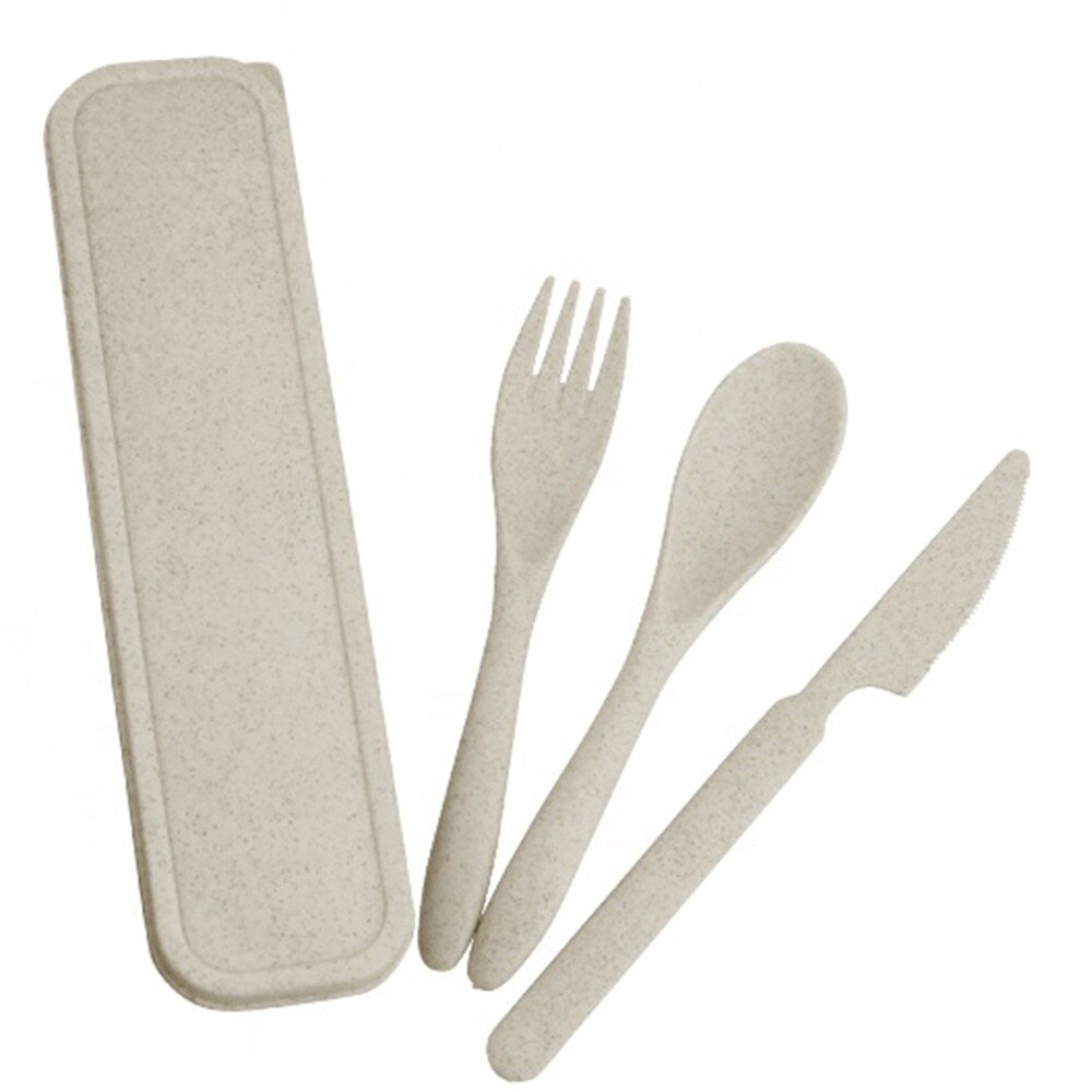 Set 3 tacamuri ecologice, lingura + furculita + cutit, refolosibile, din paie de grau, alb