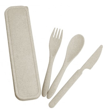 Set 3 tacamuri ecologice, lingura + furculita + cutit, refolosibile, din paie de grau, alb Set 3 tacamuri ecologice, lingura + furculita + cutit, refolosibile, din paie de grau, alb