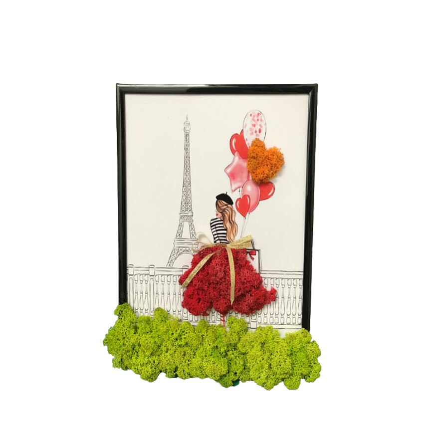 Tablou cu licheni - Love in Paris, Licheni stabilizati, rosu, 150 x 230 mm