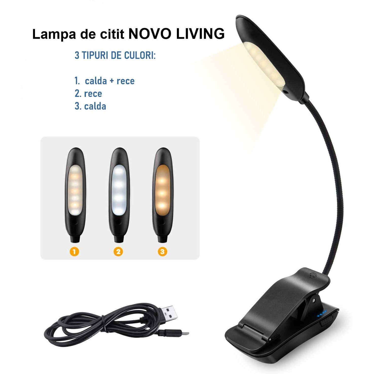 As well Multiple Rarity Lampa de carte pentru citit NOVO LIVING, cu incarcare USB, 7 LED-uri, 3  trepte iluminare - eMAG.ro