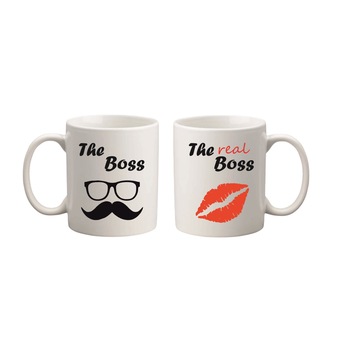 Set 2 cani albe personalizate, The Boss, 330 ml, cuplu Set 2 cani albe personalizate, The Boss, 330 ml, cuplu