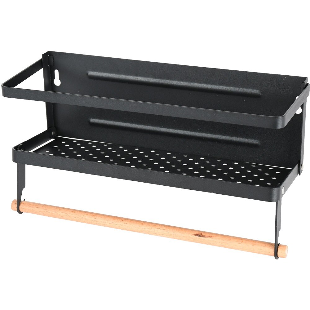 Raft metalic pentru condimente Quasar & Co., cu suport rola prosop, prindere magnetica, pliabil, 32 x 11 x 17.8 cm, negru