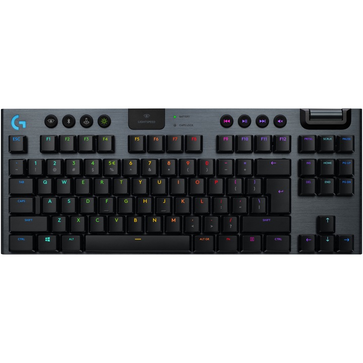 Logitech G915 TKL Gaming mechanikus billentyűzet, ultravékony, 2,4 GHz-es vezeték nélküli és Bluetooth Lightspeed, RGB Lightsync, lineáris kapcsoló, korom